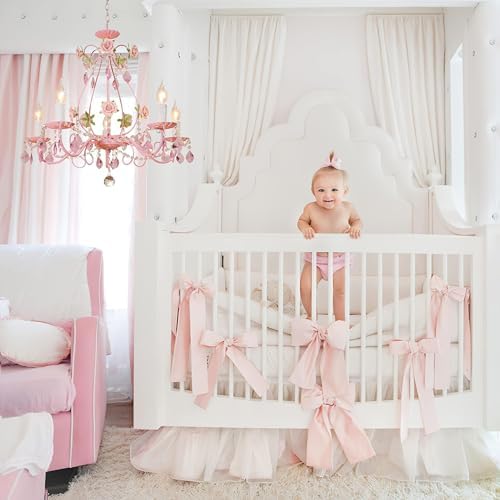 Pink Crystal Chandelier for Girls Room - 5 Light 236 W x 205 H