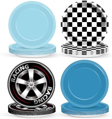 48Pcs Race Car Birthday Plates 7 Inch Black White Fast Plates