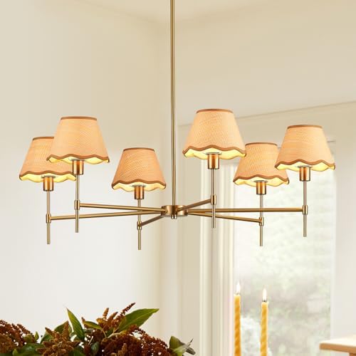 39 Inch Large Rattan Chandelier 6 Light Farmhouse Boho Style