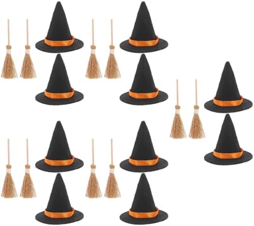 LOGOFUN 10 Sets Mini Witch Hats and Brooms Halloween Decor Set Black