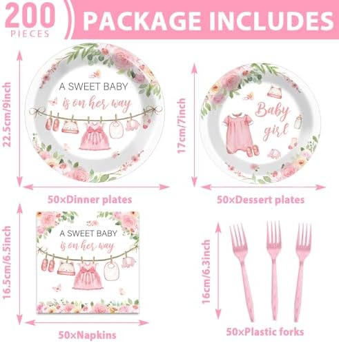 200Pcs Pink Floral Baby Shower Plates Napkins Set