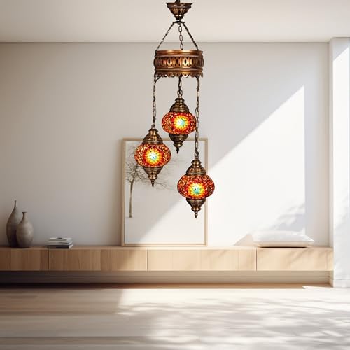 LaModaHome Authentic Tiffany Chandelier - Turkish Sultan Mosaic Lamp with 3 Globes for Living Room and Bedroom