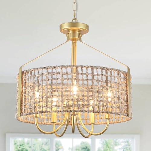 18 Inch Gold Rattan Chandelier 5 Light Boho Design