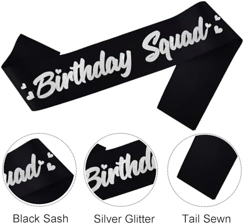 6 Piece Birthday Squad Sash Set Black with Silver Glitter Letters for Women Party Favors Decorations