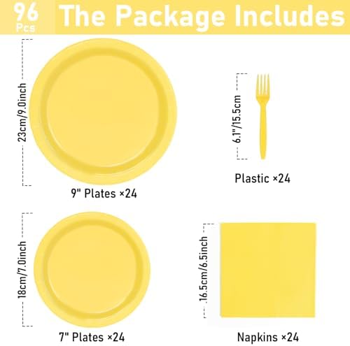 96 Pcs Yellow Paper Plates and Napkins Set for 24 Guests