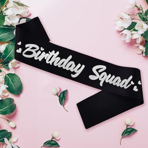 6 Piece Birthday Squad Sash Set Black with Silver Glitter Letters for Women Party Favors Decorations