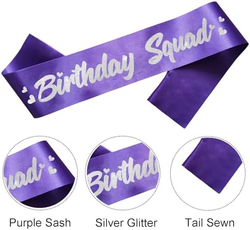 6 Piece Birthday Squad Sash Set Purple with Silver Glitter Lettering