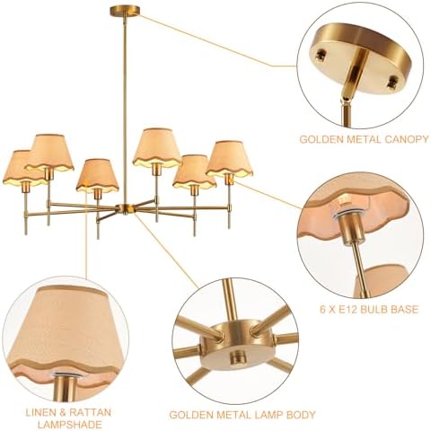 39 Inch Large Rattan Chandelier 6 Light Farmhouse Boho Style