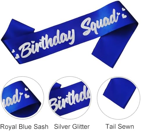 6 Pieces Birthday Squad Sash Set Royal Blue with Silver Glitter Lettering