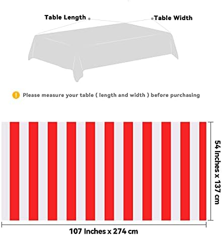 Elcoho 2 Pack 54x107 Inch Plastic Red and White Stripes Tablecloths for Carnival Movie Night Decorations