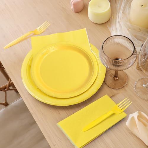 96 Pcs Yellow Paper Plates and Napkins Set for 24 Guests