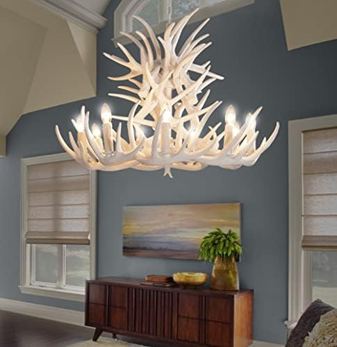 White Resin Antler Chandelier with 9 Lights and 18 Arms