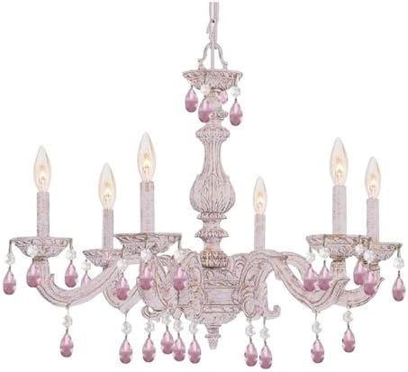 6 Light Traditional Candle Chandelier with Rose Crystal in Antique White