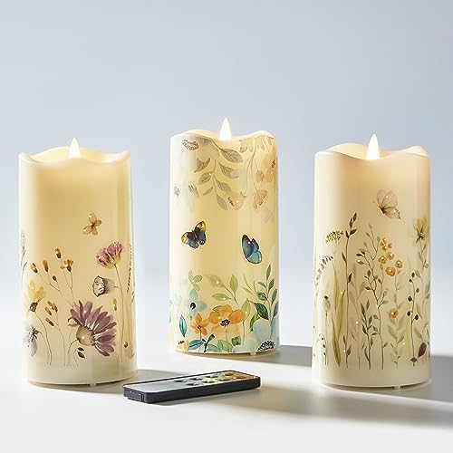 Eywamage Flameless Candles Set of 3 Butterfly Floral LED