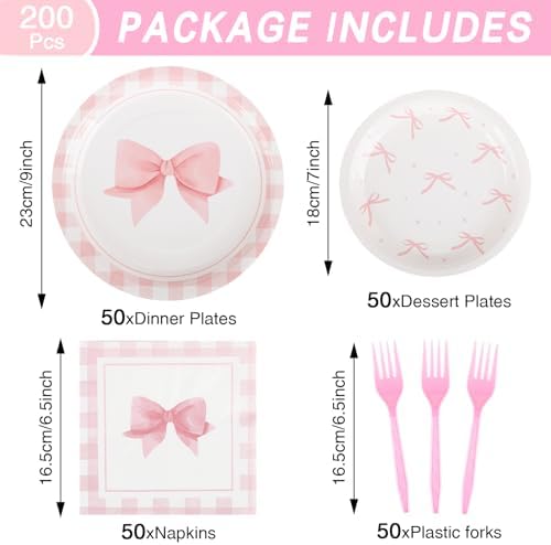 200Pcs Pink Bow Party Plates Napkins Forks Set
