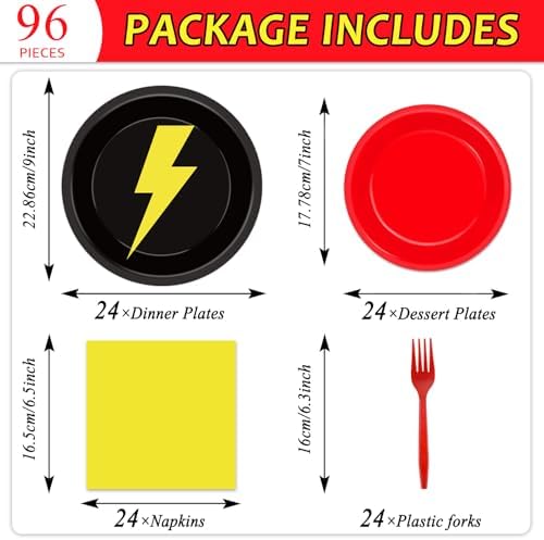 96PCS Red Black Yellow Birthday Party Plates and Napkins for Kids