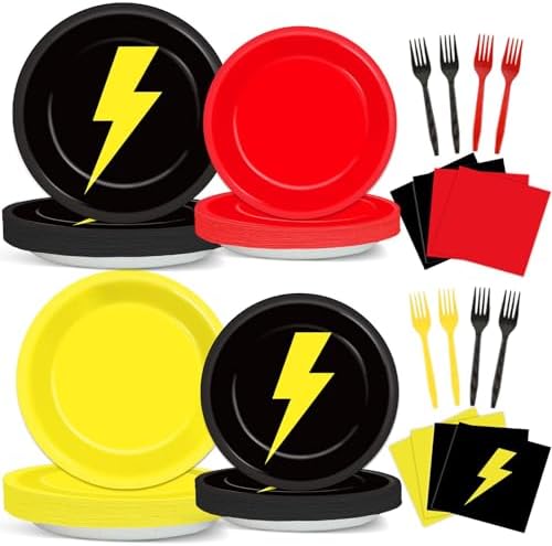 96PCS Red Black Yellow Birthday Party Plates and Napkins for Kids