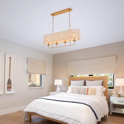 42 Boho Chandelier Brass and White Rattan Pendant Light for Dining Room Kitchen Island Living Room