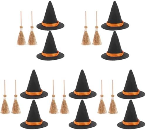 LOGOFUN 10 Sets Mini Witch Hats and Brooms Halloween Decor Set Black