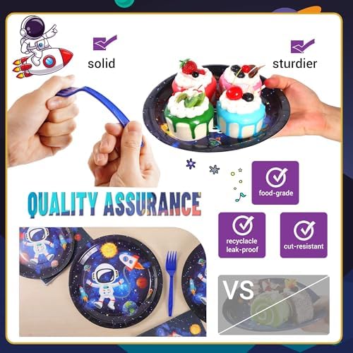 SCIONE 96 Pcs Outer Space Party Decorations Galaxy Plates Napkins Forks Set for 24 Guests
