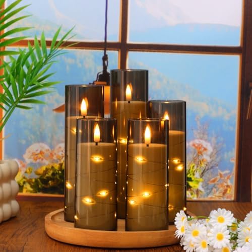 Flickering Flameless LED Candles with Timer and Remote Embedded Star String Lights Grey Acrylic 5 Pack