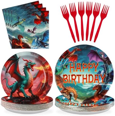 Grencian 96Pcs Dragon Birthday Party Plates and Napkins Set for Kids Boys Fantasy Celebration