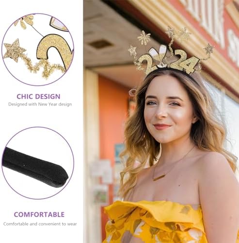 LUOZZY 6 Piece 2024 New Year Headbands Tiara Glitter Star Champagne Bottle Firework Hair Hoops