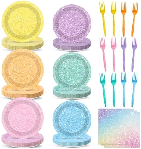 CHUNNIN 96Pcs Pastel Rainbow Party Plates Set