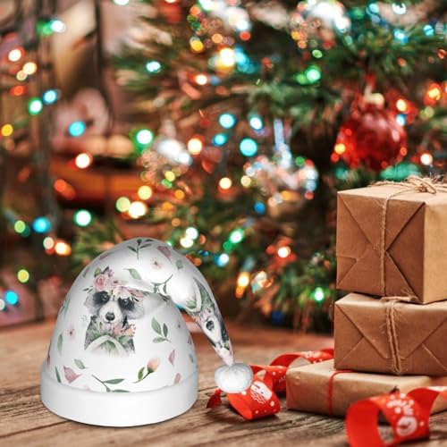 Salelf Watercolor Floral Raccoon Santa Hat for Kids