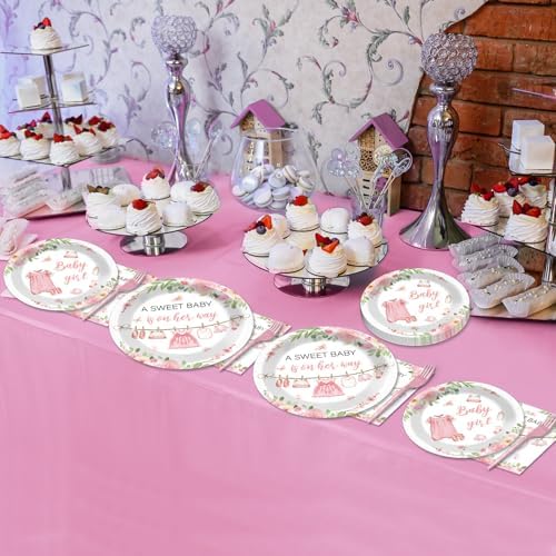 200Pcs Pink Floral Baby Shower Plates Napkins Set