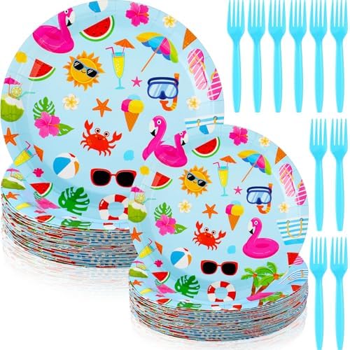 Zhehao 90 Pcs Summer Pool Party Paper Plates and Forks