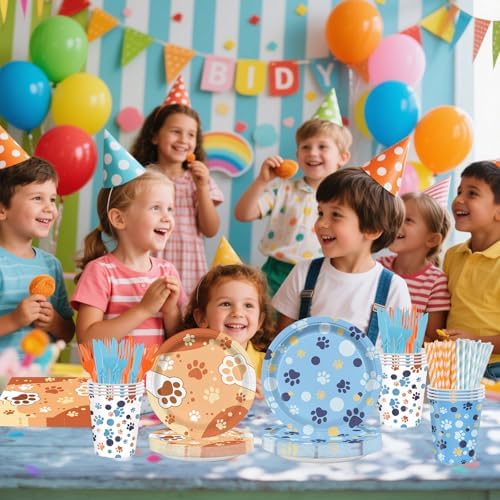 168Pcs Blue Orange Paw Party Plates Napkins Cups Tableware for 24 Guests