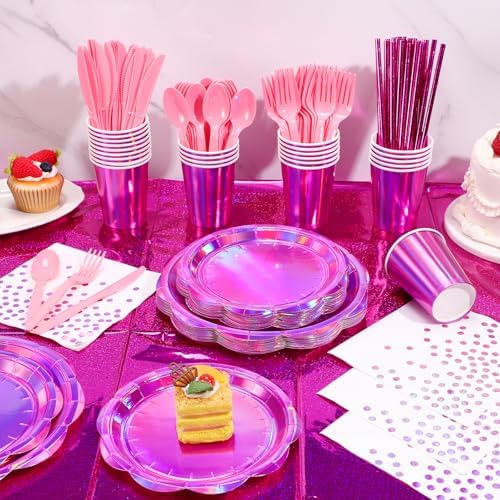 200 Pcs Iridescent Pink Party Plates and Napkins Set