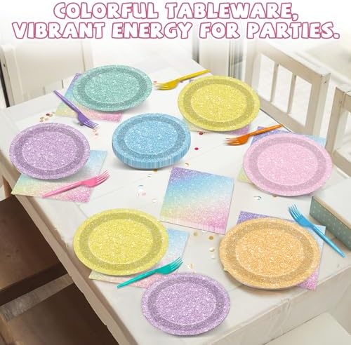 CHUNNIN 96Pcs Pastel Rainbow Party Plates Set