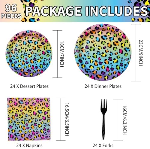 96 Pcs Rainbow Leopard Party Supplies Set for 24 Guests