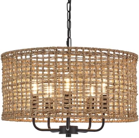 Hand Woven Rattan Chandelier 5 Lights Vintage Farmhouse Style