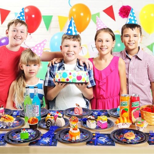 SCIONE 96 Pcs Outer Space Party Decorations Galaxy Plates Napkins Forks Set for 24 Guests