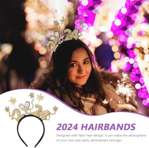 LUOZZY 6 Piece 2024 New Year Headbands Tiara Glitter Star Champagne Bottle Firework Hair Hoops