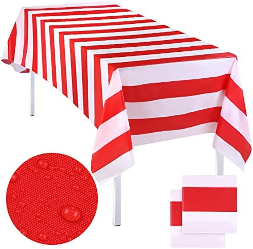Elcoho 2 Pack 54x107 Inch Plastic Red and White Stripes Tablecloths for Carnival Movie Night Decorations
