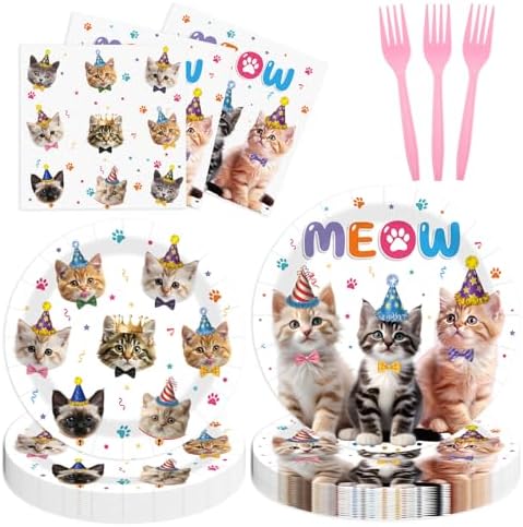 HiEnjoin 72PCS Cat Birthday Plates Napkins Forks Set