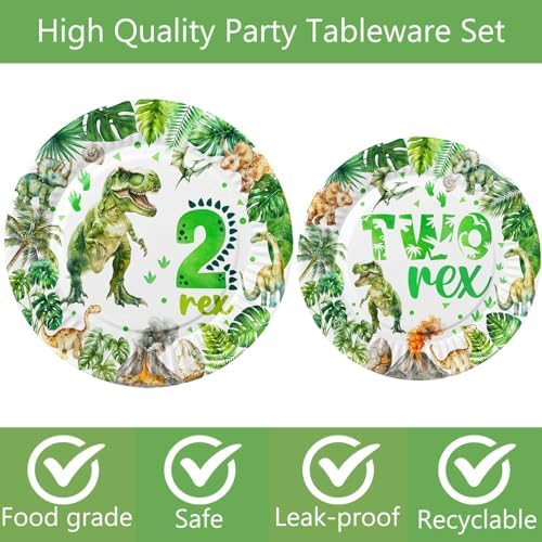 Letromp 80 Pcs Watercolor Dinosaur 2nd Birthday Tableware Set