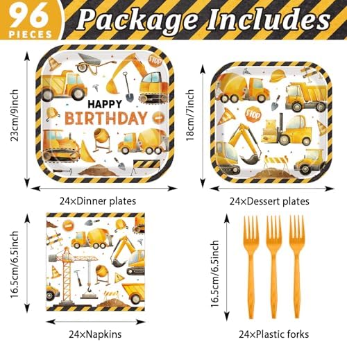 Construction Themed Square Truck Plates Napkins Forks Set for 24 Guests
