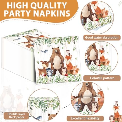 Chunnin 96Pcs Woodland Party Plates Napkins for Animal Themed Events