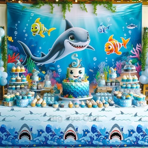 Wave Shark Birthday Tablecloth 54x108 Inch Blue