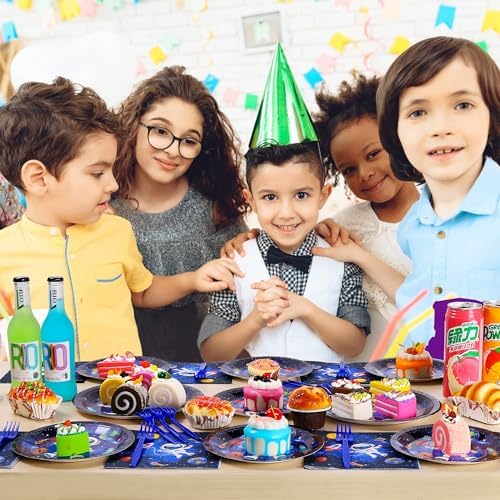 SCIONE 96 Pcs Outer Space Party Decorations Galaxy Plates Napkins Forks Set for 24 Guests