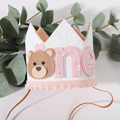 1st Birthday Teddy Bear Crown for Girls - Pink Bear Party Hat