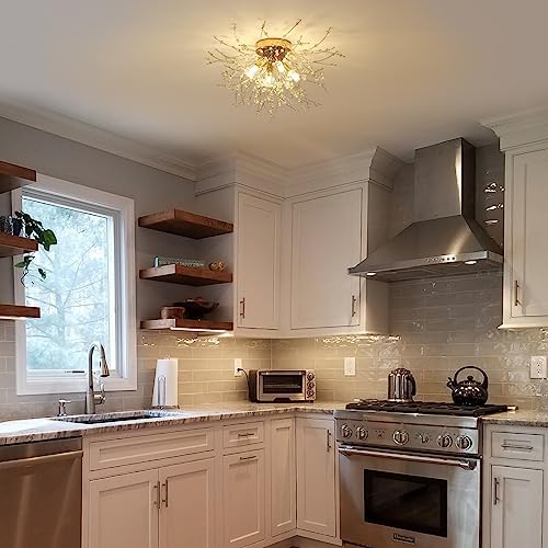 HMVPL Gold Crystal Flush Mount Ceiling Light 4-Light