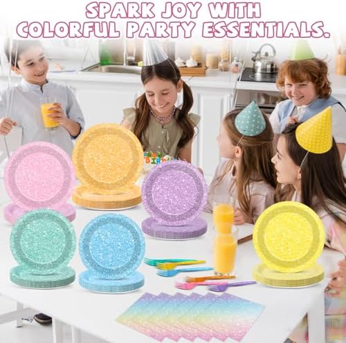 CHUNNIN 96Pcs Pastel Rainbow Party Plates Set