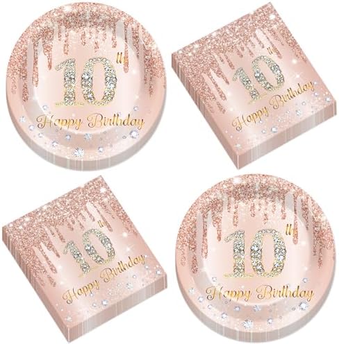 50Pcs Rose Gold 10th Birthday Plates and Napkins for 25 Guests