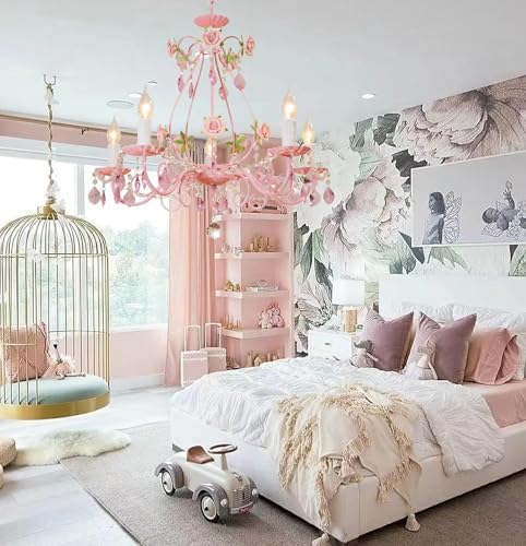 Pink Crystal Chandelier for Girls Room - 5 Light 236 W x 205 H